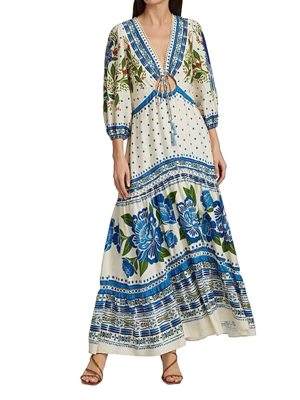 FARM Rio White Maxi Dress with Blue & Green Floral Print - Picture 2 of 3